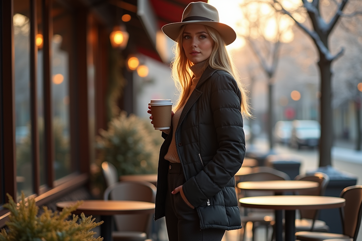 Femme chic assise au café en hiver ensoleille