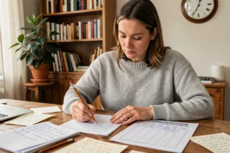 Femme calculant la conversion de minutes en heures sur du papier millimétré à un bureau en bois avec une horloge analogique en arrière-plan