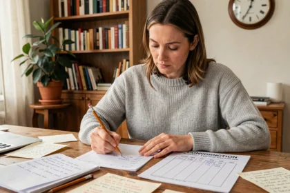 Femme calculant la conversion de minutes en heures sur du papier millimétré à un bureau en bois avec une horloge analogique en arrière-plan