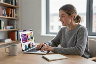 Femme utilisant un code promo Pixmania sur un ordinateur portable dans un bureau à domicile moderne