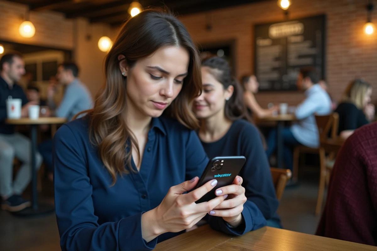 Une femme dans un café comparant deux logos similaires de sites de paris en ligne suspects sur son smartphone