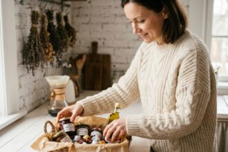 Femme préparant un panier gourmand artisanal dans une cuisine chaleureuse avec confitures, chocolats et huile d'olive