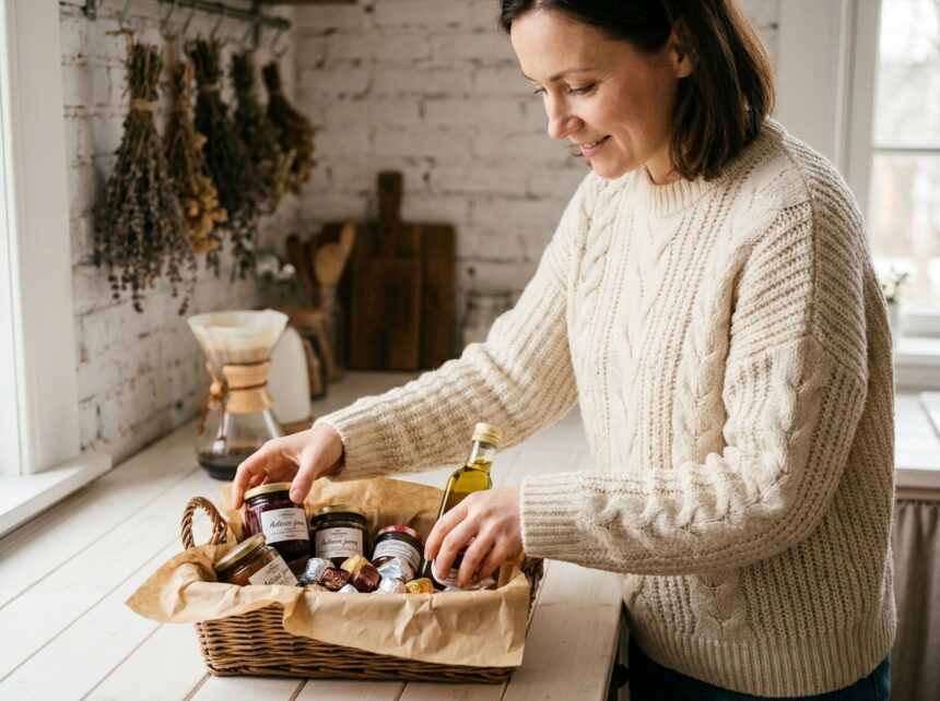 Femme préparant un panier gourmand artisanal dans une cuisine chaleureuse avec confitures, chocolats et huile d'olive