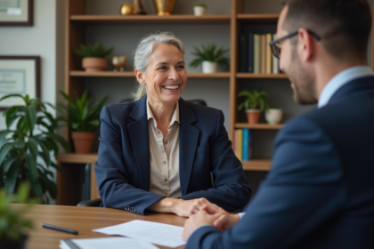Femme souriante en conseil financier dans un bureau moderne