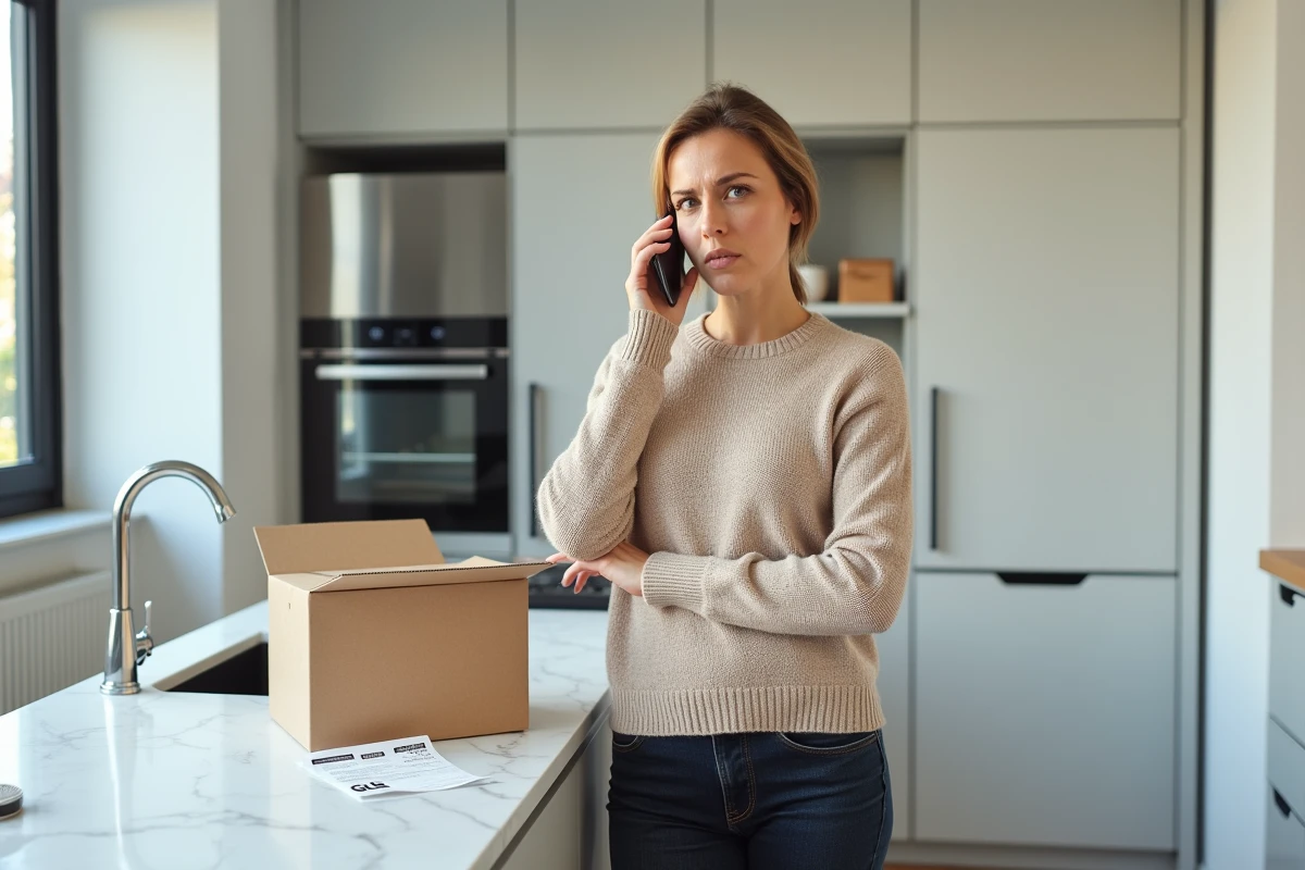 Femme contactant le service de livraison GLS par téléphone dans sa cuisine moderne