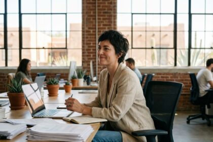 Femme souriante dans un espace de coworking moderne