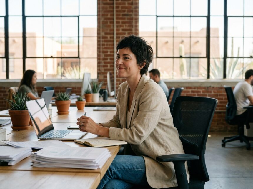 Femme souriante dans un espace de coworking moderne