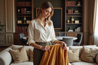 Femme élégante touchant un textile en velours dans un salon