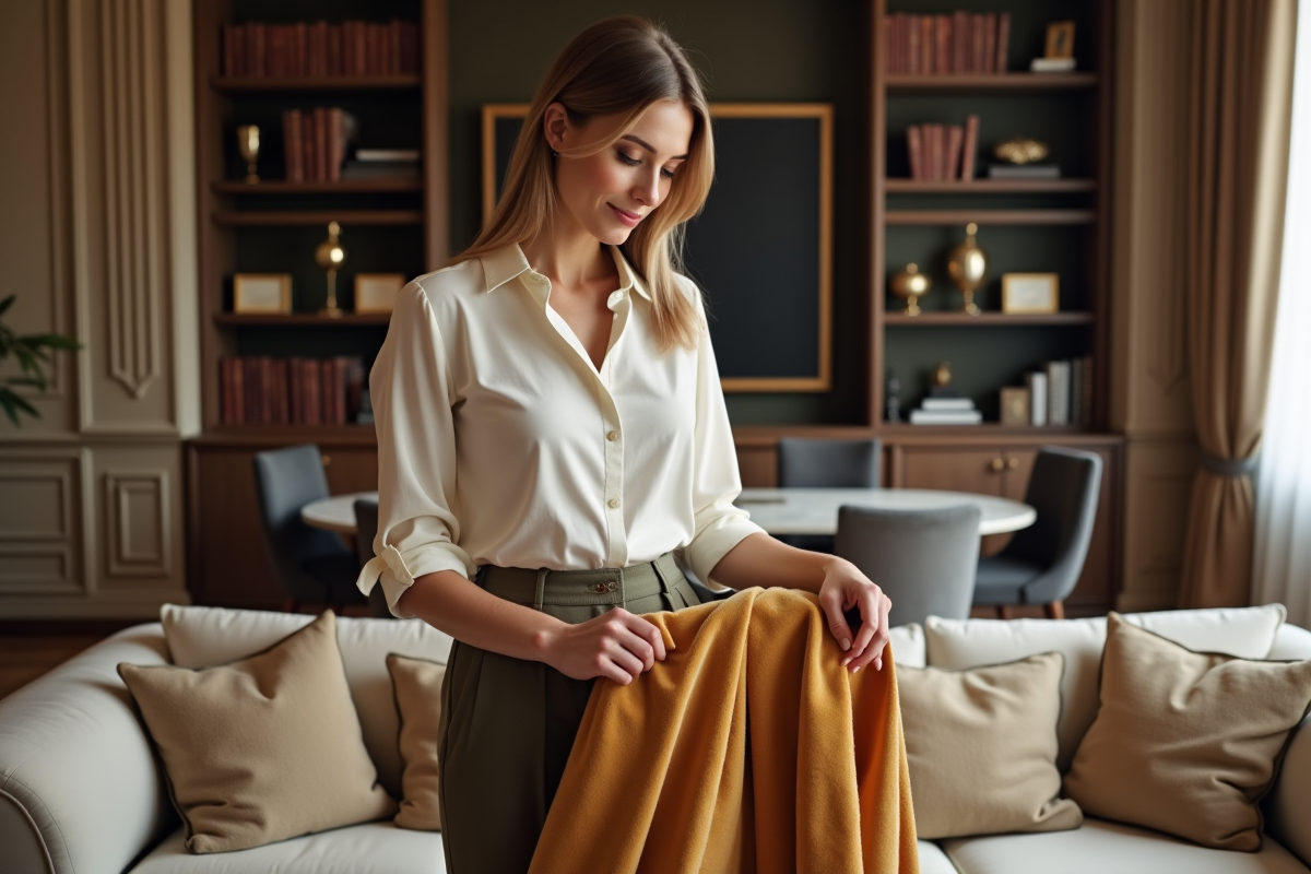 Femme élégante touchant un textile en velours dans un salon