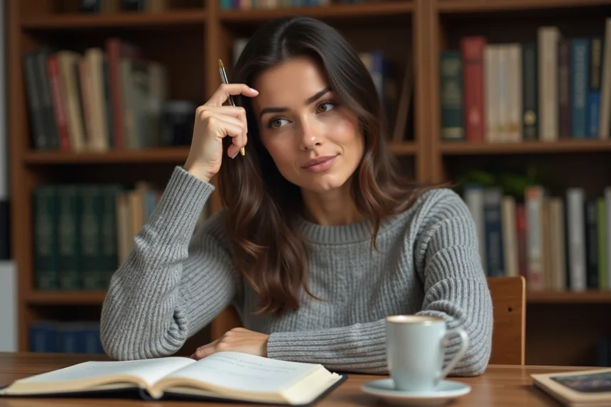 Femme en train d'étudier la grammaire française, hésitant entre le futur et le conditionnel dans un cahier de notes