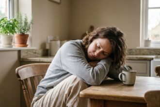 Femme fatiguée appuyée sur une table de cuisine avec une tasse de tisane, illustrant la fatigue persistante au quotidien