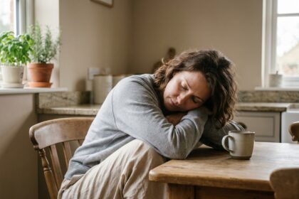 Femme fatiguée appuyée sur une table de cuisine avec une tasse de tisane, illustrant la fatigue persistante au quotidien
