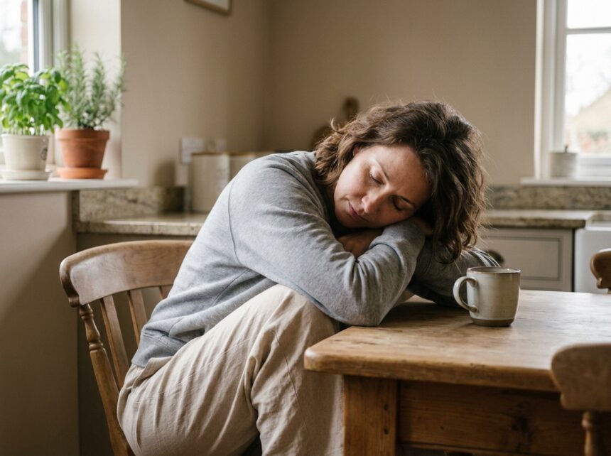 Femme fatiguée appuyée sur une table de cuisine avec une tasse de tisane, illustrant la fatigue persistante au quotidien