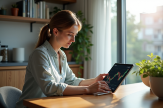 Femme d'âge moyen analysant des graphiques financiers sur tablette