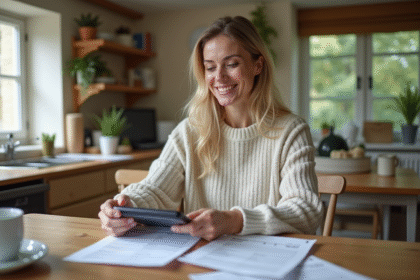 Femme souriante en intérieur avec documents fiscaux