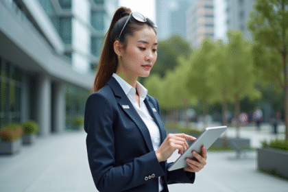 Femme confiante avec blazer tech dans une ville moderne