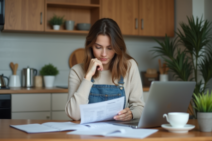 Femme assise à la cuisine en train de gérer ses finances