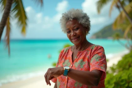 Femme guadeloupéenne regardant sa montre sur une plage des Antilles françaises, symbolisant le décalage horaire avec la France métropolitaine