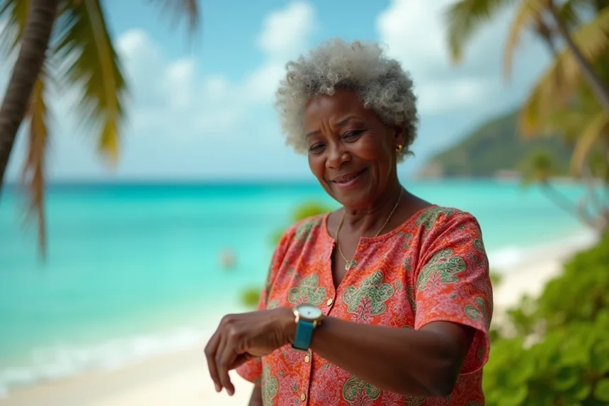 Femme guadeloupéenne regardant sa montre sur une plage des Antilles françaises, symbolisant le décalage horaire avec la France métropolitaine