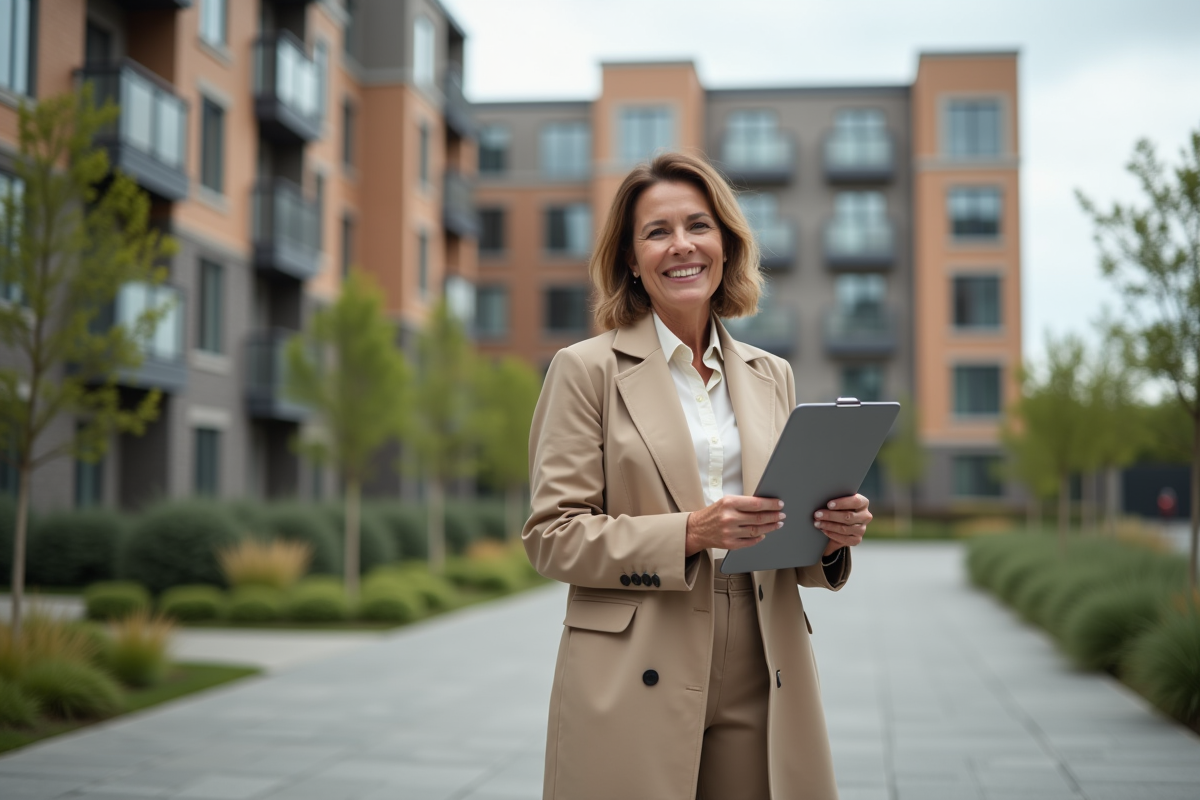 Femme professionnelle devant un bâtiment résidentiel