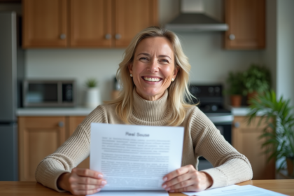 Femme d'âge moyen souriante avec documents immobiliers dans la cuisine