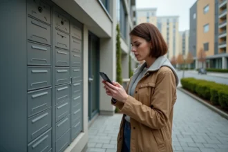 Femme inquiète vérifiant une notification de livraison devant une boîte aux lettres