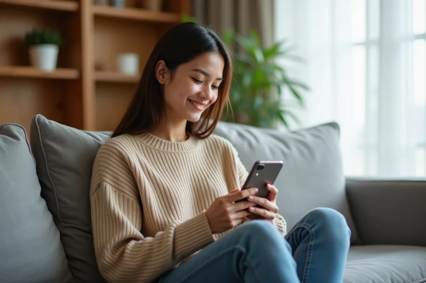 Jeune femme jouant à Monopoly Go sur smartphone dans un salon cosy, découvrant des récompenses cachées du jeu