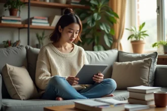 Jeune femme lisant manga dans un salon lumineux