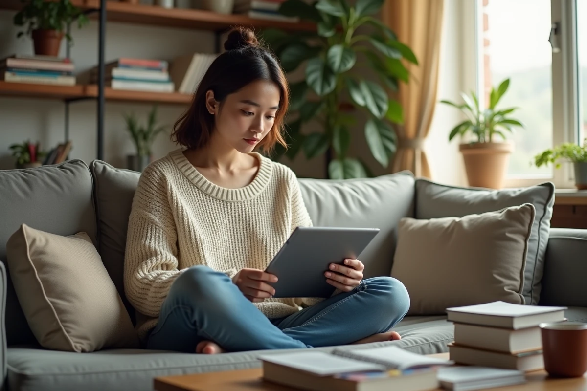 Jeune femme lisant manga dans un salon lumineux