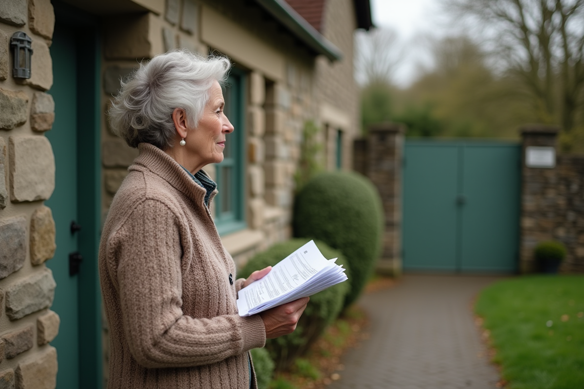 Femme âgée tenant des documents fiscaux devant une maison de campagne