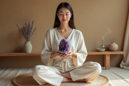 Femme en méditation tenant un cristal d'améthyste brute dans un intérieur minimaliste zen