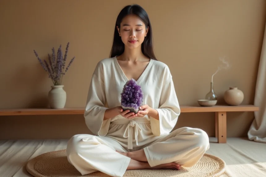 Femme en méditation tenant un cristal d'améthyste brute dans un intérieur minimaliste zen