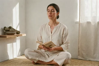 Femme méditant avec un livre de textes spirituels modernes, explorant les synonymes de mantra dans un espace intérieur minimaliste