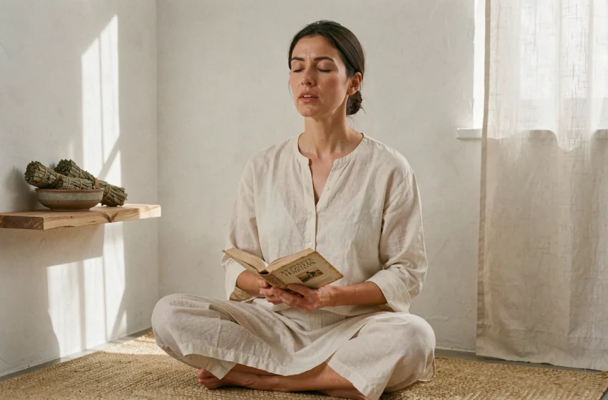 Femme méditant avec un livre de textes spirituels modernes, explorant les synonymes de mantra dans un espace intérieur minimaliste