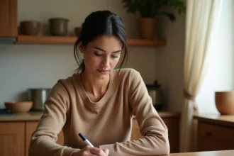 Femme élégante française dans une cuisine familiale chaleureuse, incarnant le rôle de mère engagée au quotidien