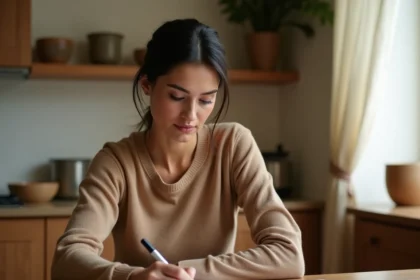 Femme élégante française dans une cuisine familiale chaleureuse, incarnant le rôle de mère engagée au quotidien