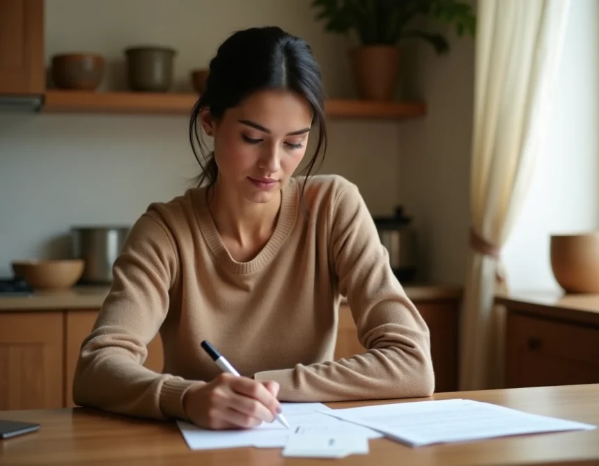 Femme élégante française dans une cuisine familiale chaleureuse, incarnant le rôle de mère engagée au quotidien