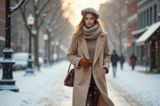 Femme élégante marchant dans la neige en hiver