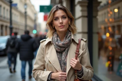 Femme élégante en trench beige et accessoires mode en ville