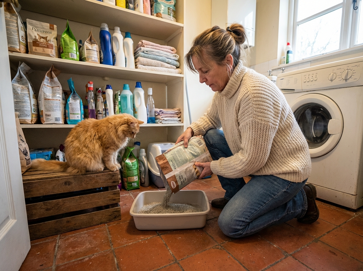 Femme âgée remplissant la litière pour chat dans la buanderie