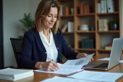 Femme organisée examinant des papiers officiels dans un bureau