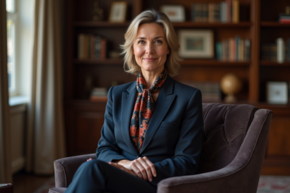 Femme élégante en tailleur navy et foulard en intérieur