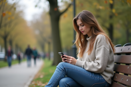 Jeune femme assise dans un parc avec smartphone contemplatif