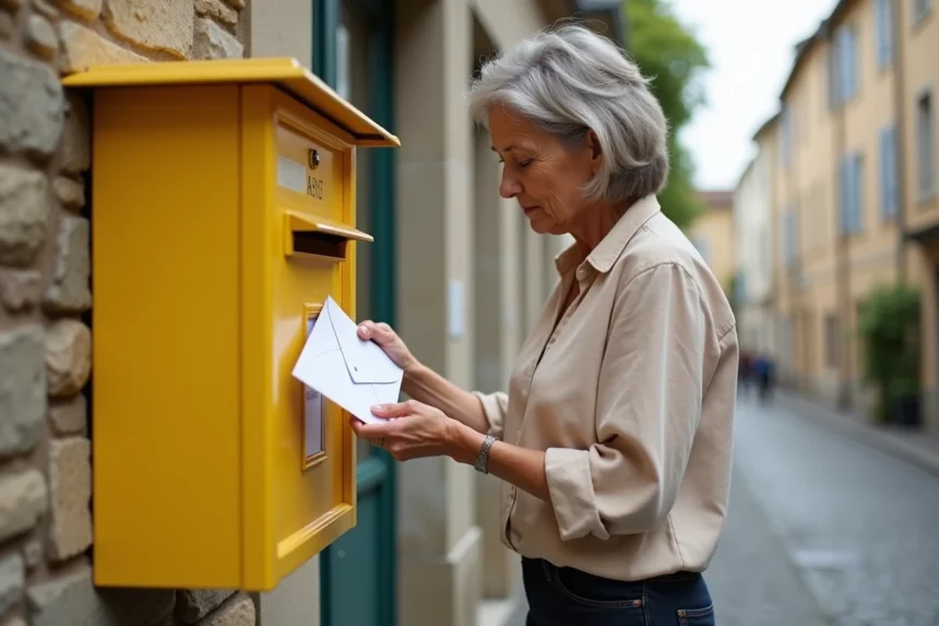 Femme glissant une lettre dans une boîte aux lettres jaune La Poste un samedi matin dans une rue française pavée