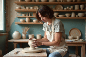Femme façonnant de l'argile dans un atelier parisien