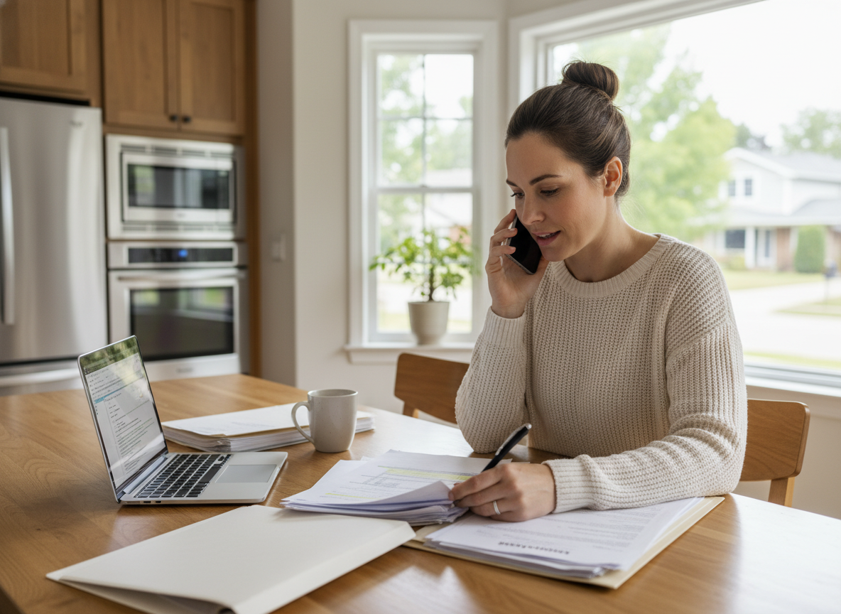 Femme discutant de documents hypothécaires à la maison