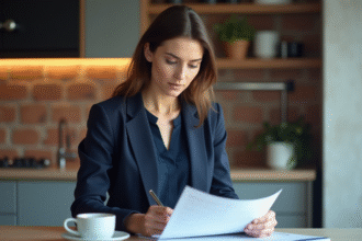 Femme professionnelle examine documents immobiliers à la maison