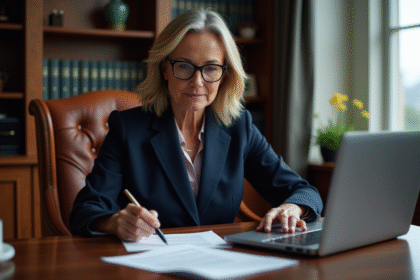 Femme en blazer navy travaillant sur un ordinateur dans un bureau élégant