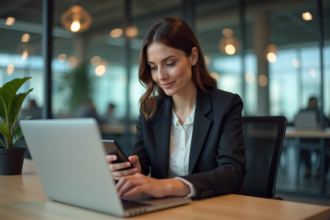 Femme professionnelle utilisant son ordinateur dans un espace de coworking