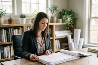 Femme professionnelle en home office examinant des documents immobiliers